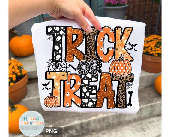 Trick or Treat PNG: Kids Preppy Leopard Print Halloween Design (Digital Download)
