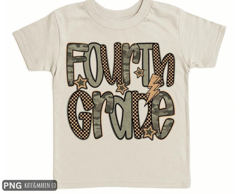 May include: A cream-coloured t-shirt with the words "FOURTH GRADE" in a playful design. The text incorporates camouflage and checkered patterns, with star and lightning bolt accents. The shirt is designed for children.