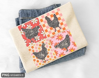 Retro Chicken Patchwork PNG: Western Boho Design (Digital Download)