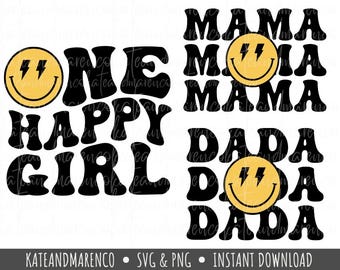 One Happy Mama SVG PNG, Birthday Mom SVG, Retro Wavy Text, 1st