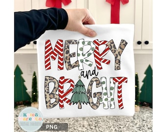 Merry and Bright Christmas PNG: Leopard Print Kids Holiday Design (Digital Download)