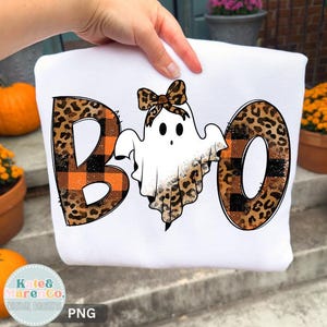 Boo PNG: Fantasma a cuadros de leopardo, diseño de Halloween para chica preppy (descarga digital)