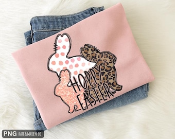 Coniglio leopardato con coniglietto pasquale saltellante PNG: design pasquale preppy per ragazze (download digitale)