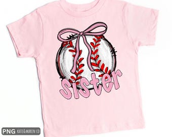 May include: A light pink t-shirt featuring a baseball design with a pink bow and the word "Sister" in pink letters. The baseball has red stitching and a black outline. The shirt is a youth size.