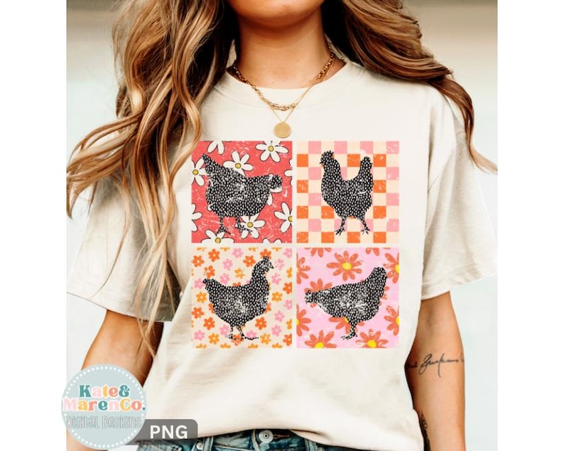 Retro Chicken Patchwork PNG: Western Boho Design (Digital Download) image 1