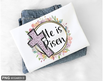 He Is Risen PNG: Boho Floral Easter Cross Design (Digital Download)