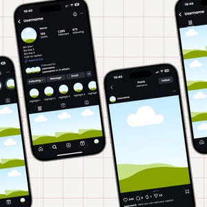 May include: Four black smartphones displaying a social media profile interface. The screens show a landscape with green hills, blue skies, and white clouds. The interface includes profile information, posts, and engagement metrics.