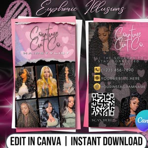 Puede incluir: Diseño de tarjeta de visita rosa y negra para un estilista. La tarjeta presenta el texto "Couture Cut Co. HAIRSTYLIST" e incluye imágenes de varios peinados. También se muestra información de contacto y un código QR. El texto "EDIT IN CANVA | INSTANT DOWNLOAD" está en la parte inferior.