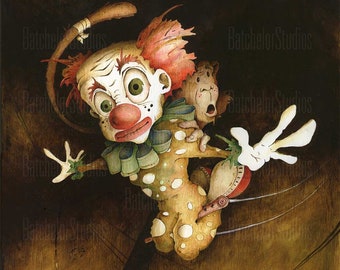 Cute Clown Art, Vintage Circus Wall Decor, Acrobat, Trapeze Artist, creepy circus clown | circus act | clown painting | Monkey Art | carny