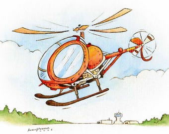 Impresión digital del helicóptero TH55 Osage: una ilustración retro de aviones para aviadores.