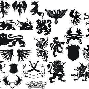 heráldica, silueta del escudo, dragón, león, Vector svg cricut eps, castillo pdf, plantilla vectorial svg, vector de corte de vinilo, silueta
