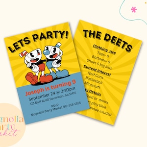 Invito di compleanno di Cuphead, invito alla festa di Cuphead, cartone animato Mugman, cartone animato di Cuphead, festa a tema Cuphead, invito digitale Cuphead/Cuphead