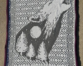 Moonlight Serenade Howling Wolf Mosaic Crochet Blanket PATTERN ONLY