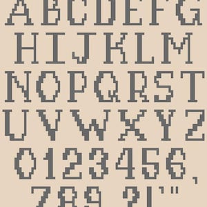 May include: A complete pixelated alphabet and number set in a gray color, including punctuation marks, is displayed on a beige background. The letters and numbers are blocky and reminiscent of retro video game fonts. The font includes uppercase letters, numbers, and symbols.