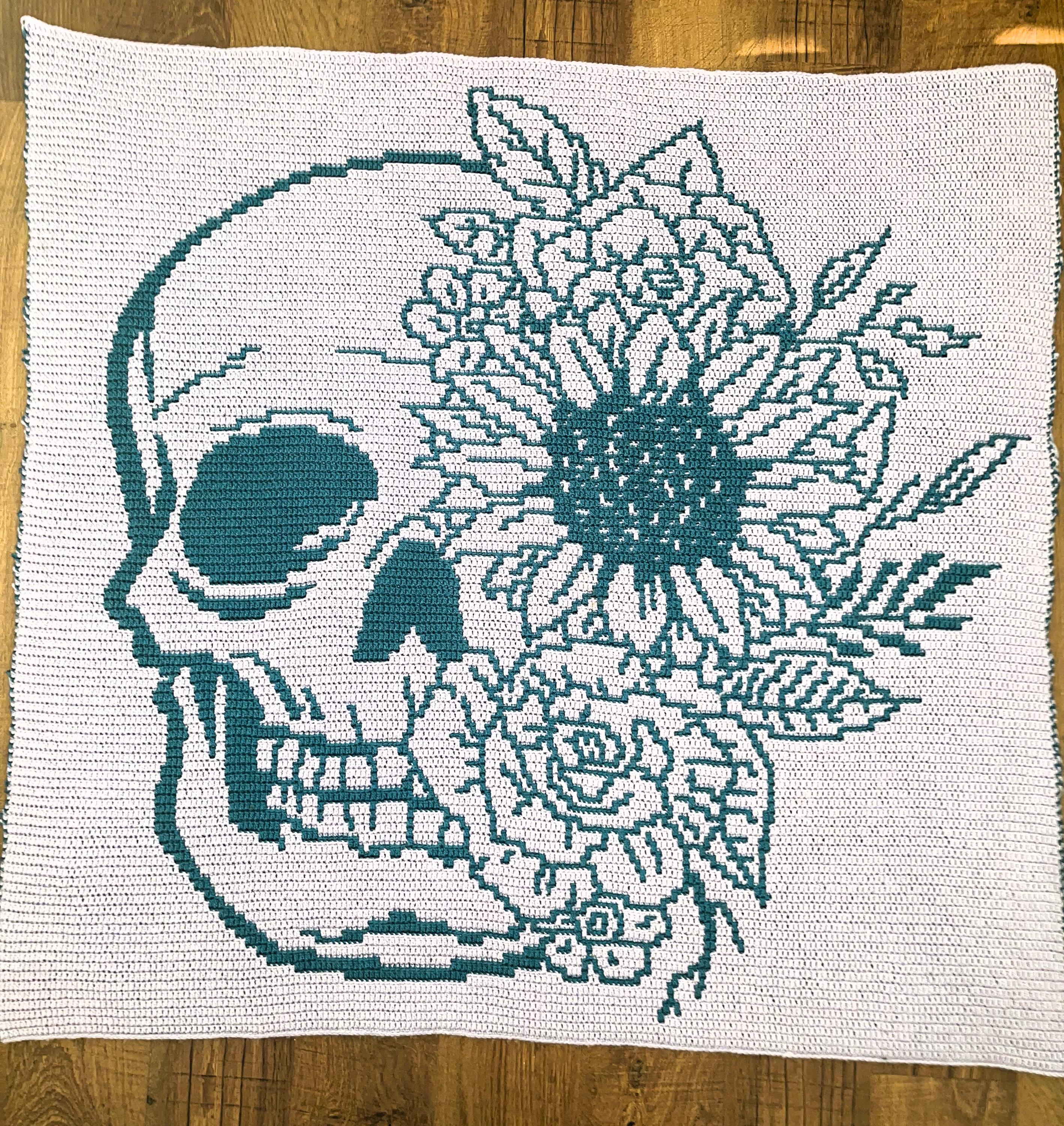 20 Skull Blanket Crochet Patterns for Gothic, Halloween, and Boho Homes 19 Blooming Skull Overlay Mosaic crochet blanket Pattern Only