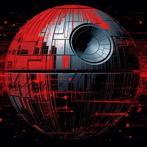 May include: A black and red illustration of the Death Star from Star Wars. The Death Star is a large, spherical space station with a large, circular opening in the center. The Death Star is covered in red paint splatters.