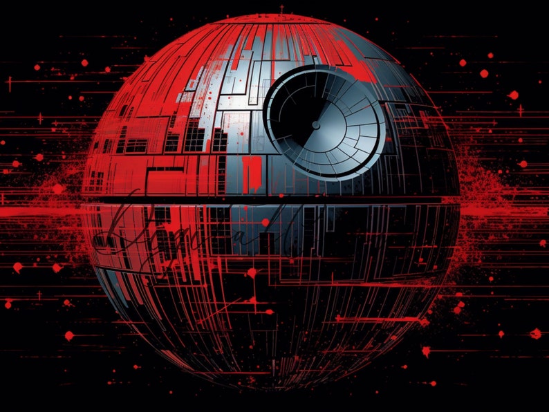 May include: A black and red illustration of the Death Star from Star Wars. The Death Star is a large, spherical space station with a large, circular opening in the center. The Death Star is covered in red paint splatters.