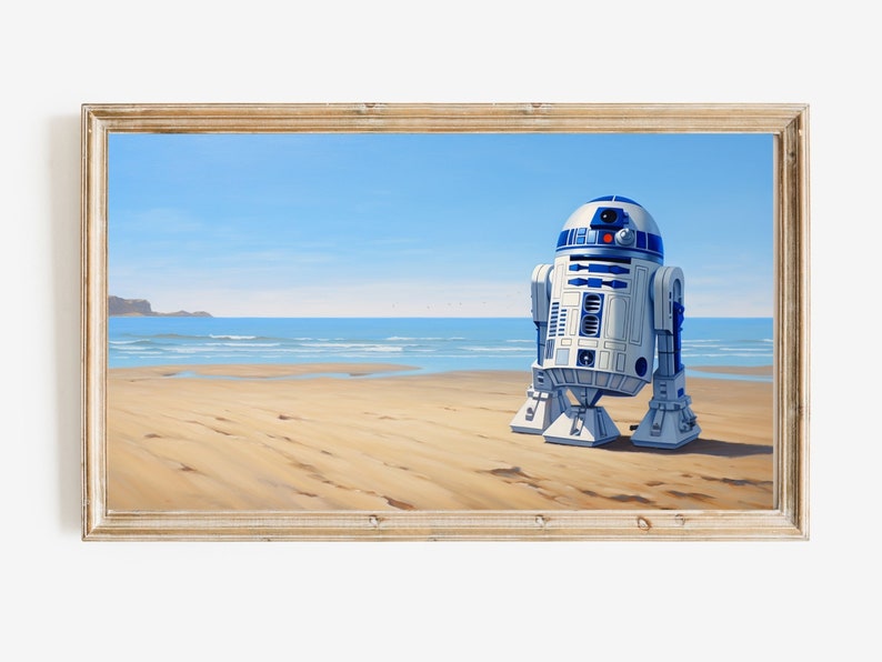 May include: A framed painting of a blue and white robot standing on a sandy beach with a blue ocean and a cloudy sky in the background.