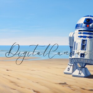 May include: A white and blue robot with a red light on its head stands on a sandy beach. The robot is facing the ocean, which is blue and has white waves. The sky is blue and there are a few white clouds.