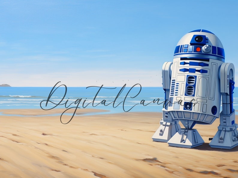 May include: A white and blue robot with a red light on its head stands on a sandy beach. The robot is facing the ocean, which is blue and has white waves. The sky is blue and there are a few white clouds.