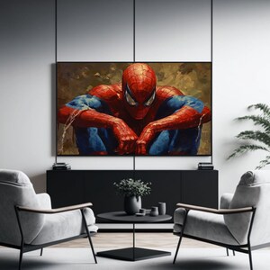 K&ouml;nnte beinhalten: Ein Gem&auml;lde von Spider-Man, der mit gesenktem Kopf sitzt und seinen roten und blauen Anzug tr&auml;gt. Der Hintergrund ist eine verschwommene, braune und gr&uuml;ne Landschaft.