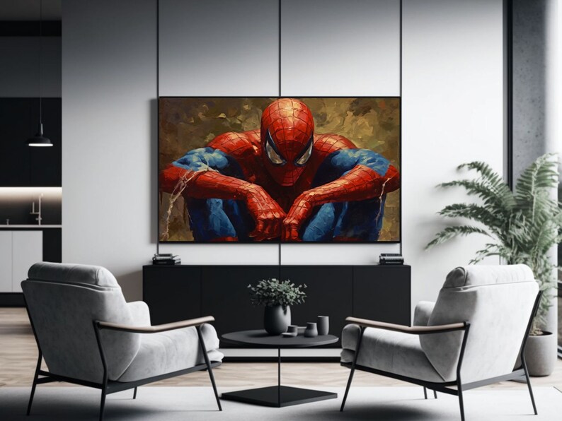 K&ouml;nnte beinhalten: Ein Gem&auml;lde von Spider-Man, der mit gesenktem Kopf sitzt und seinen roten und blauen Anzug tr&auml;gt. Der Hintergrund ist eine verschwommene, braune und gr&uuml;ne Landschaft.