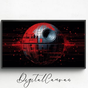 May include: A digital art print of the Death Star from Star Wars, with a red and black color scheme. The Death Star is a large, spherical space station with a large, circular opening in the center.