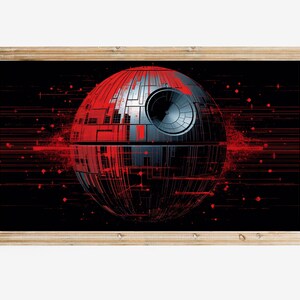 May include: A black and red digital art print of the Death Star from Star Wars. The Death Star is a large, spherical space station with a large, circular opening in the center. The Death Star is surrounded by a red, digital, abstract background.