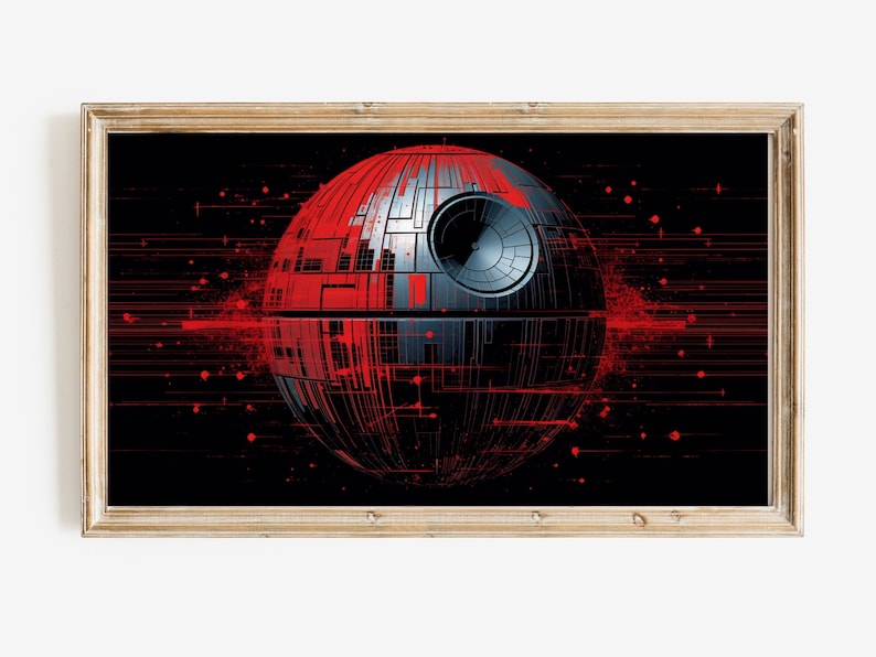 May include: A black and red digital art print of the Death Star from Star Wars. The Death Star is a large, spherical space station with a large, circular opening in the center. The Death Star is surrounded by a red, digital, abstract background.
