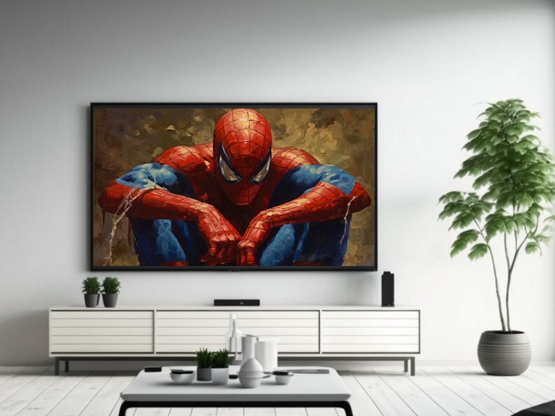 K&ouml;nnte beinhalten: Ein Gem&auml;lde von Spiderman, der mit gesenktem Kopf sitzt und seinen roten und blauen Anzug mit einem schwarzen Spinnen-Symbol auf der Brust tr&auml;gt. Der Hintergrund ist verschwommen, braun und gr&uuml;n.