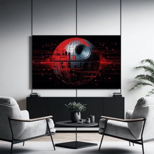 May include: A modern living room interior with two gray armchairs facing a black entertainment center with a flat screen TV displaying a red and black graphic of the Death Star from Star Wars.