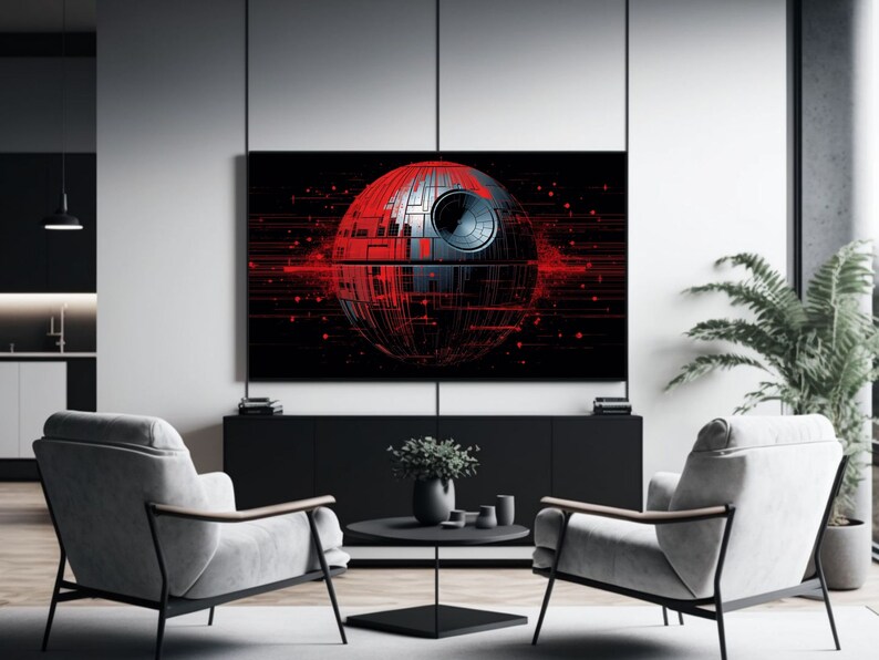 May include: A modern living room interior with two gray armchairs facing a black entertainment center with a flat screen TV displaying a red and black graphic of the Death Star from Star Wars.