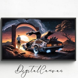 May include: A futuristic silver car with a glowing blue undercarriage drives through a stone archway. The car is surrounded by a desert landscape with a sunset in the background. A person in a white shirt and blue jeans walks towards the car.