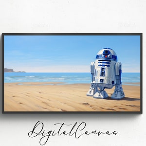 May include: A digital painting of R2-D2, a white and blue robot from Star Wars, standing on a sandy beach with a blue ocean and a distant coastline in the background.