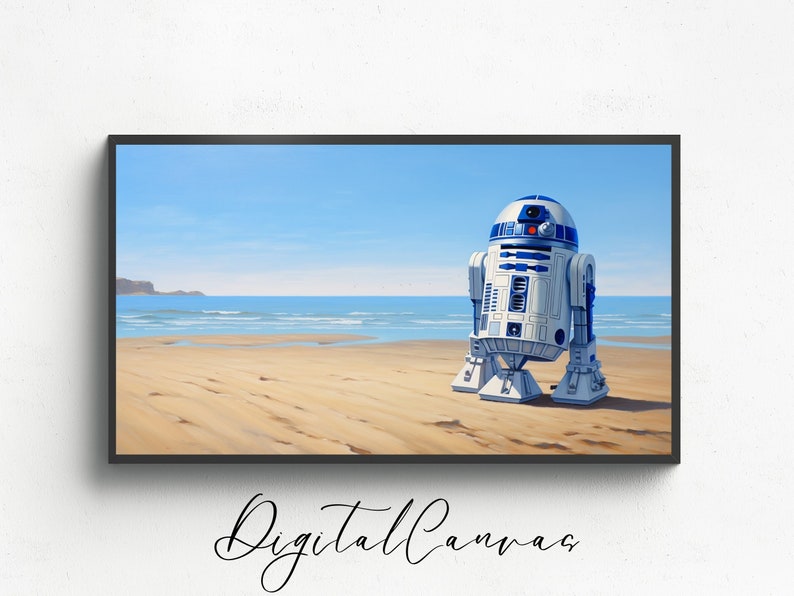 May include: A digital painting of R2-D2, a white and blue robot from Star Wars, standing on a sandy beach with a blue ocean and a distant coastline in the background.