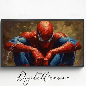 K&ouml;nnte beinhalten: Ein Gem&auml;lde von Spider-Man in seinem rot-blauen Anzug, der mit gesenktem Kopf und verschr&auml;nkten Armen sitzt. Der Hintergrund ist verschwommen, braun und gr&uuml;n.