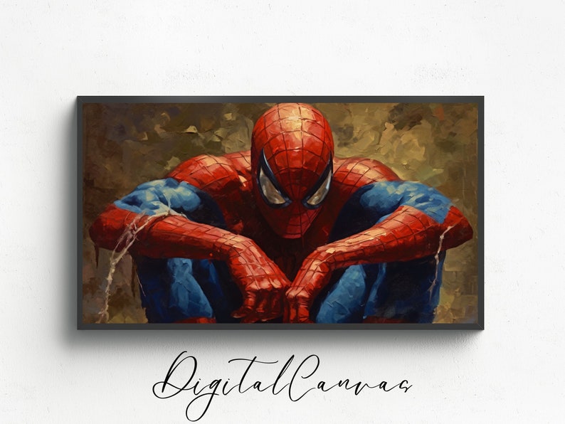 K&ouml;nnte beinhalten: Ein Gem&auml;lde von Spider-Man in seinem rot-blauen Anzug, der mit gesenktem Kopf und verschr&auml;nkten Armen sitzt. Der Hintergrund ist verschwommen, braun und gr&uuml;n.