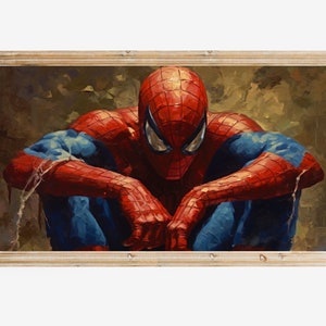 K&ouml;nnte beinhalten: Ein Gem&auml;lde von Spider-Man, der mit verschr&auml;nkten Armen sitzt und nach unten schaut. Er tr&auml;gt seinen klassischen rot-blauen Anzug mit einem Spinnenlogo auf der Brust. Der Hintergrund ist dunkelgr&uuml;n und braun.