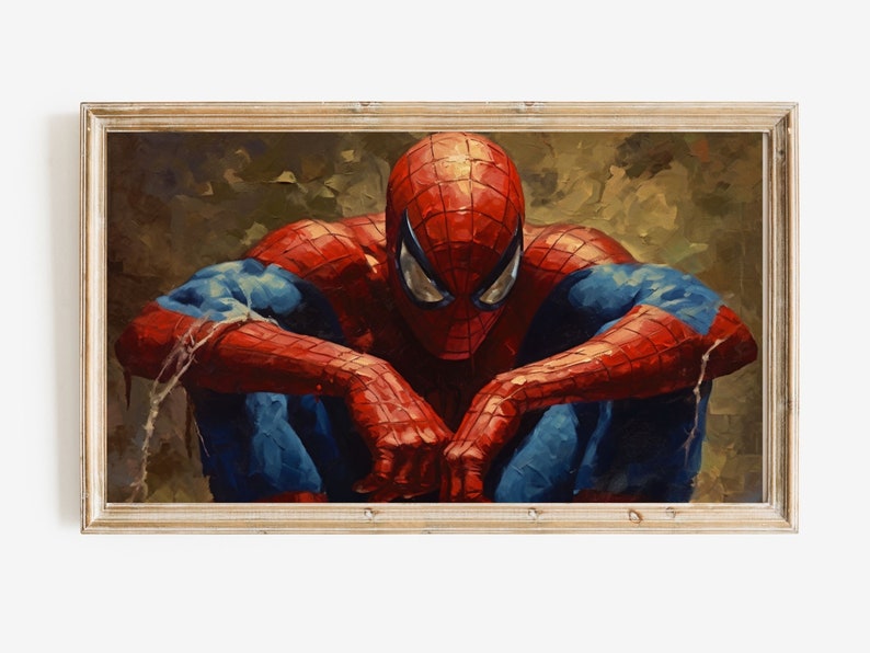 K&ouml;nnte beinhalten: Ein Gem&auml;lde von Spider-Man, der mit verschr&auml;nkten Armen sitzt und nach unten schaut. Er tr&auml;gt seinen klassischen rot-blauen Anzug mit einem Spinnenlogo auf der Brust. Der Hintergrund ist dunkelgr&uuml;n und braun.