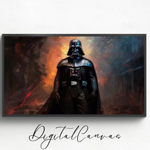 May include: A framed digital canvas print featuring Darth Vader from Star Wars. The artwork depicts Vader in his iconic black armor and helmet, set against a fiery, dramatic background. The words "Digital Canvas" are written in cursive at the bottom.