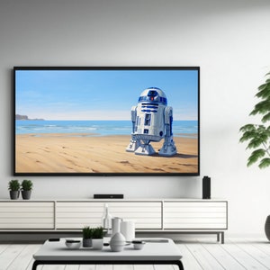 May include: A white and blue robot character stands on a sandy beach with blue water and a cloudy sky in the background. The robot is on a flat screen television that is mounted on a white wall above a white entertainment center.