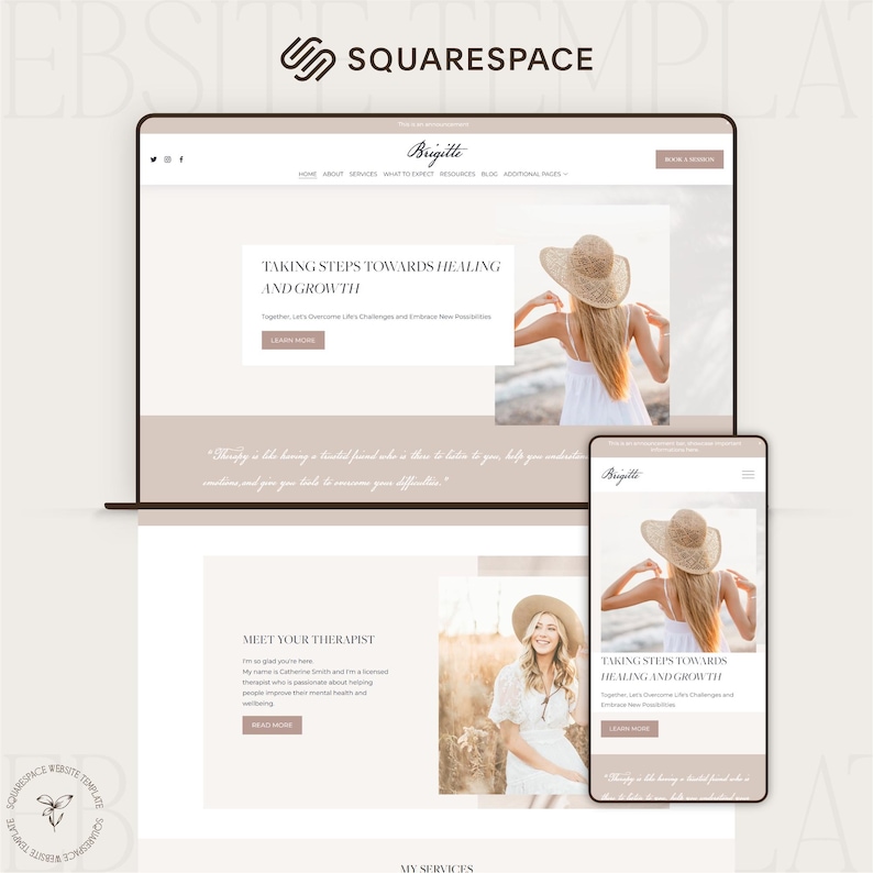 Therapist Squarespace website template homepage preview