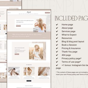 Therapist Squarespace website template included pages list