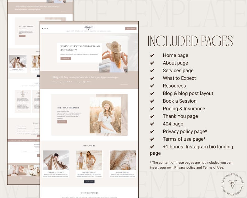 Therapist Squarespace website template included pages list