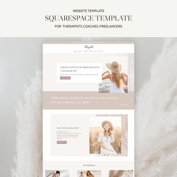 Squarespace template for therapists, coach, Website template for Squarespace 7.1, Squarespace website, minimal beige design