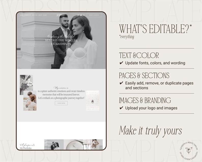 Squarespace website template for wedding photographers, aesthetic squarespace website template