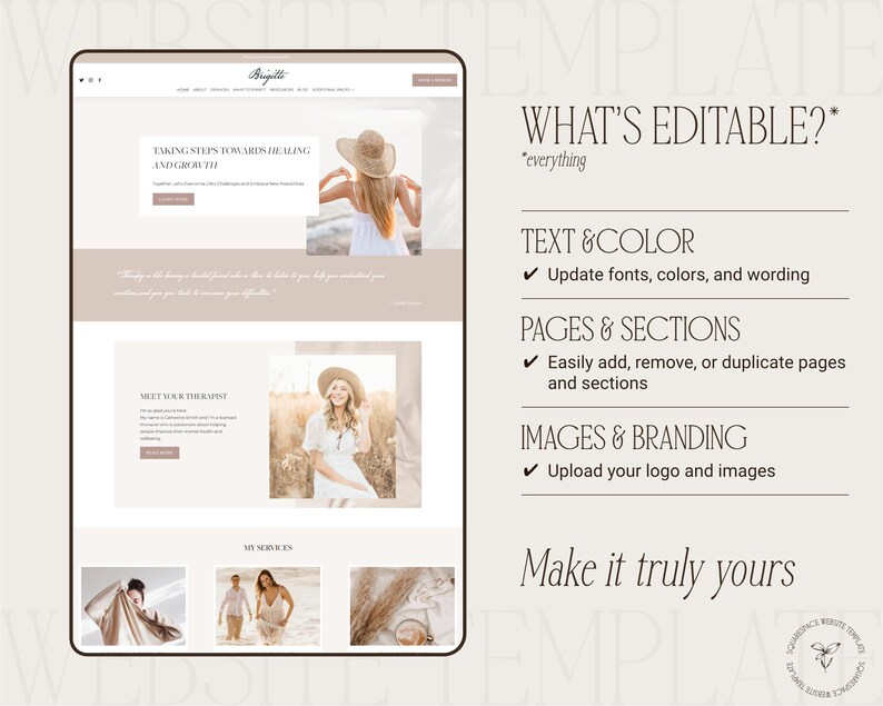 Squarespace Template for Therapists preview, what's editable