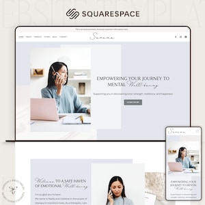 Op de afbeelding: Een schermafbeelding van een website die de website van een therapeut laat zien met de tekst "Senena" en "Empowering your journey to mental well-being". De website is ontworpen in een lichtblauw en wit kleurenschema en bevat een foto van een vrouw die aan de telefoon is.