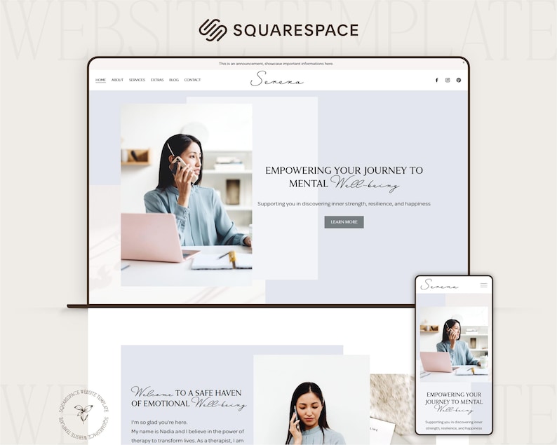 squarespace template for therapist in pastel blue  colors, therapist squarespace website design