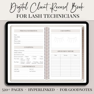 May include: A digital client record book for lash technicians. The book is open to show a page with personal information, lash mapping, and appointment history. The book is designed for use with Goodnotes.